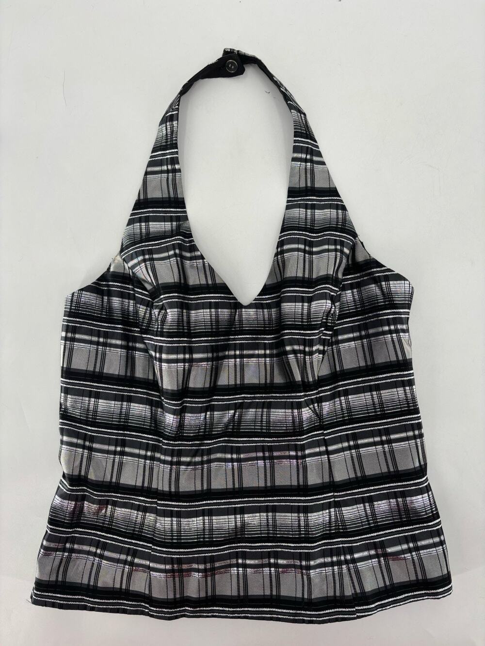 Xscape Vintage Halter Top Womens 10 Black Gray Metallic Button Plaid 90s Y2K